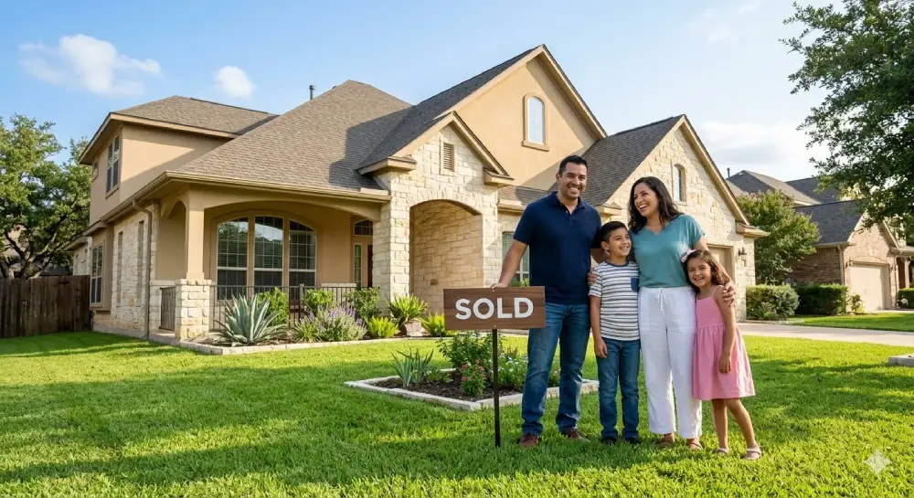 A happy family of four standing in front of a freshly sold Texas home, a